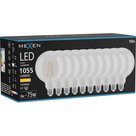 Mexen Vintis 10x Lampadina a filamento LED E27, G125, 8W, Calda - 2700K, 1055 lm, trasparente - L158-E27-0827-00x10