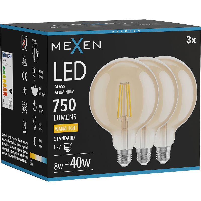 Mexen Vintis 3x LED Filament Glühbir Glühbir E27, G125, 8W, Wärm - 2700K, 750 lm, amber - L158-E27-0827-50x03