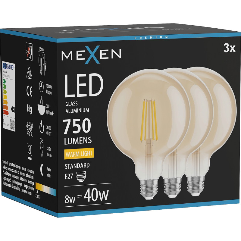 Mexen Vintis 3x LED filamentlampa E27, G125, 8W, Varm - 2700K, 750 lm, bärnsten - L158-E27-0827-50x03
