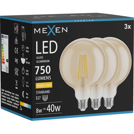 Mexen Vintis 3x LED filamenta spuldze E27, G125, 8W, Silta - 2700K, 750 lm, dzintars - L158-E27-0827-50x03