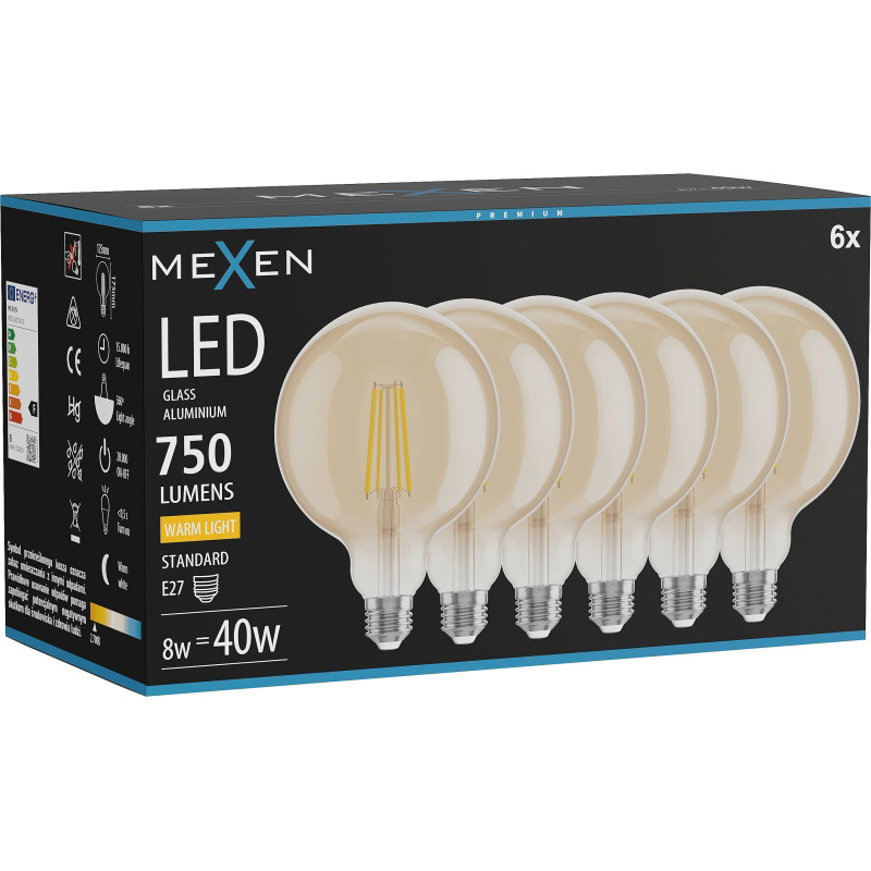 Mexen Vintis 6x LED Filamentlampa E27, G125, 8W, Varm - 2700K, 750 lm, amber - L158-E27-0827-50x06