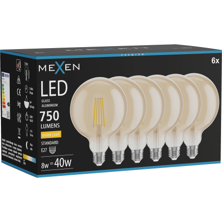 Mexen Vintis 6x Filament LED Kraaft E27, G125, 8W, Warm - 2700K, 750 lm, amber - L158-E27-0827-50x06