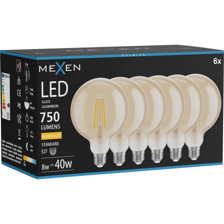 Mexen Vintis 6x Lampadina LED a filamento E27, G125, 8W, Calda - 2700K, 750 lm, ambra - L158-E27-0827-50x06