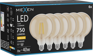 Mexen Vintis 6x LED-Filament-Glühbirne E27, G125, 8W, Warm - 2700K, 750 lm, amber - L158-E27-0827-50x06