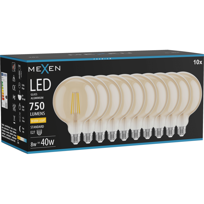 Mexen Vintis 10x Λάμπα νήματος LED E27, G125, 8W, Θερμό - 2700K, 750 lm, κεχριμπάρι