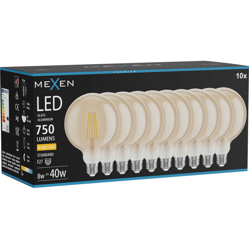 Mexen Vintis 10x LED-Filamentlampe E27, G125, 8W, Warm - 2700K, 750 lm, amber - L158-E27-0827-50x10