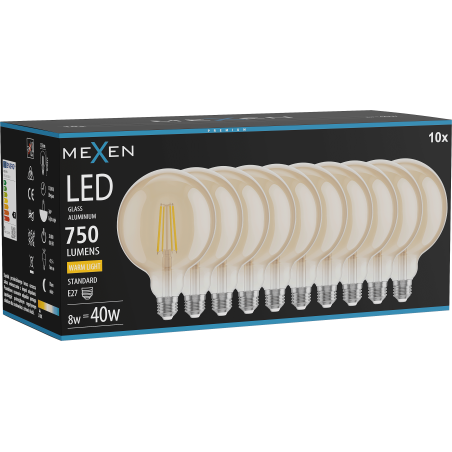 Mexen Vintis 10x Ampoule filament LED E27, G125, 8W, Chaude - 2700K, 750 lm, ambre - L158-E27-0827-50x10