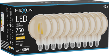 Mexen Vintis 10x filamendiga LED-lamp E27, G125, 8W, Soe - 2700K, 750 lm, merevaik - L158-E27-0827-50x10