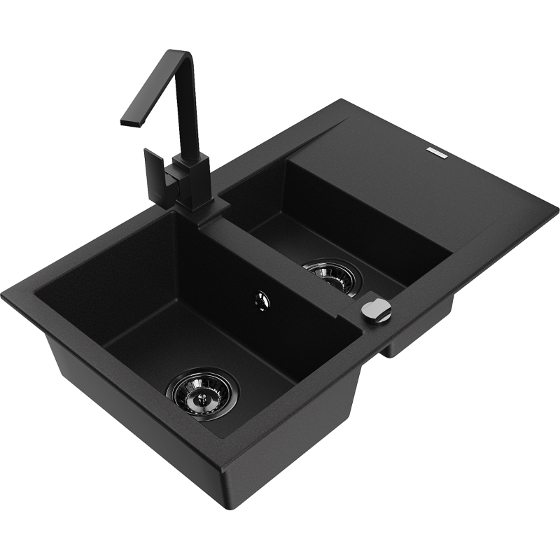 Mexen Gaspar granitdiskbänk 1,5-fack med avrinningsdel och köksblandare Rita, svart - 6507-77-670300-70-B