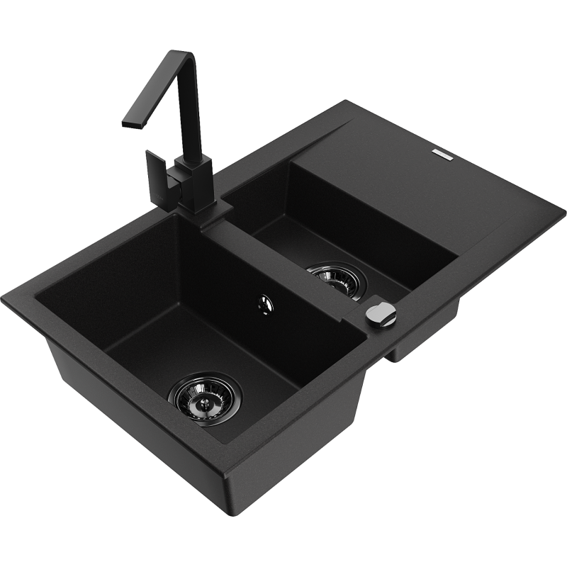 Mexen Gaspar granite sink 1.5-bowl with drainer and Rita kitchen tap, black - 6507-77-670300-70-B