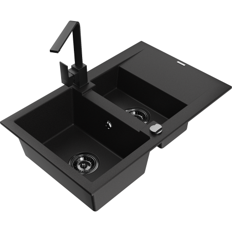 Mexen Gaspar évier en granit 1,5 bac avec égouttoir et robinet de cuisine Rita, noir - 6507-77-670300-70-B