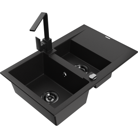 Mexen Gaspar fregadero de granito de 1,5 senos con escurridor y grifo de cocina Rita, negro - 6507-77-670300-70-B
