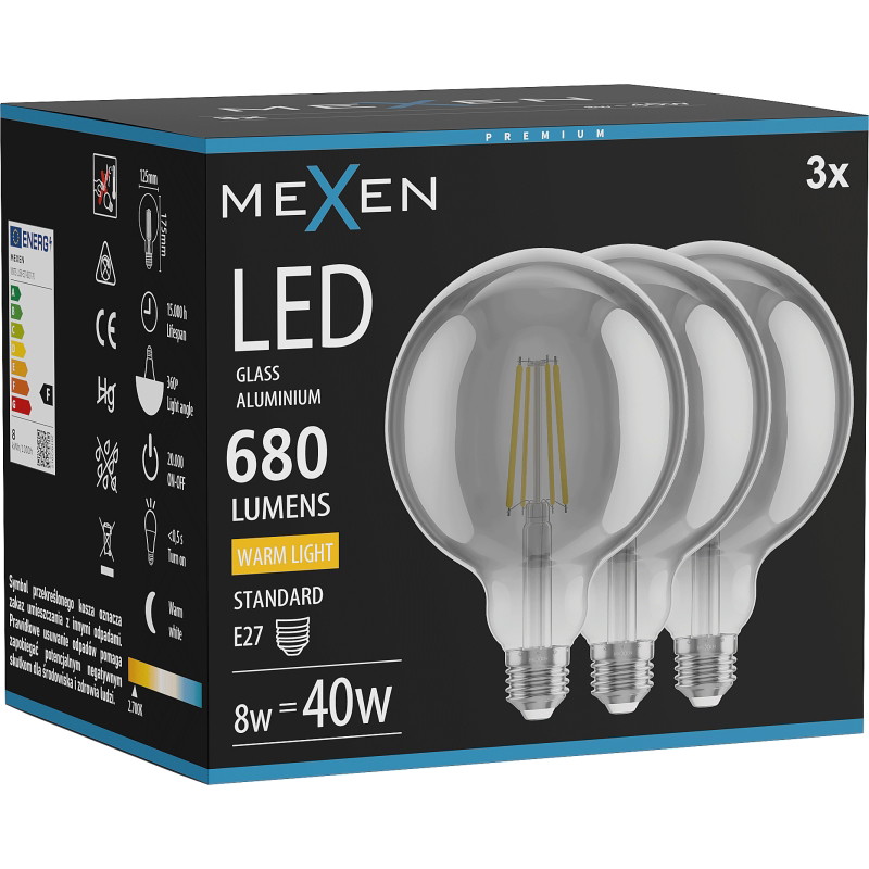 Mexen Vintis 3x Lampadina a filamento LED E27, G125, 8W, Calda - 2700K, 680 lm, fumè - L158-E27-0827-70x03
