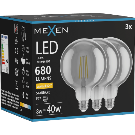 Mexen Vintis 3x Ampoule LED filament E27, G125, 8W, Chaude - 2700K, 680 lm, fumée - L158-E27-0827-70x03