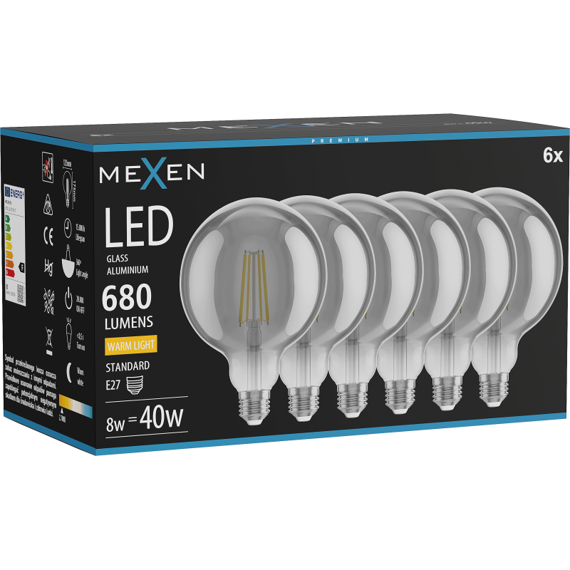 Mexen Vintis 6x Ampoule à filament LED E27, G125, 8W, Chaude - 2700K, 680 lm, smoke - L158-E27-0827-70x06