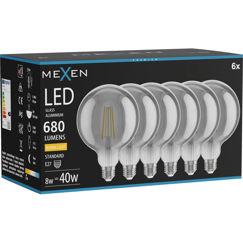 Mexen Vintis 6x LED filament lamp E27, G125, 8W, Warm - 2700K, 680 lm, smoke - L158-E27-0827-70x06