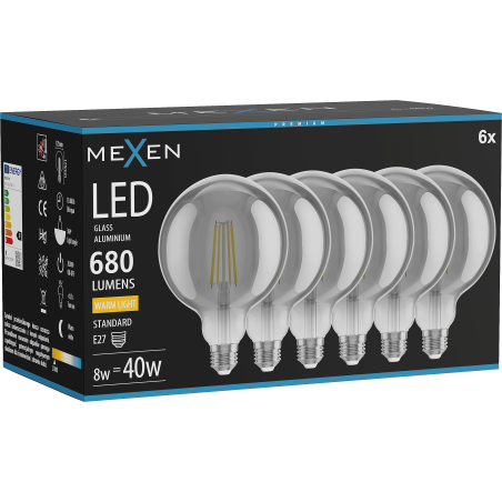 Mexen Vintis 6x Bombilla LED de filamento E27, G125, 8W, Cálida - 2700K, 680 lm, ahumado - L158-E27-0827-70x06