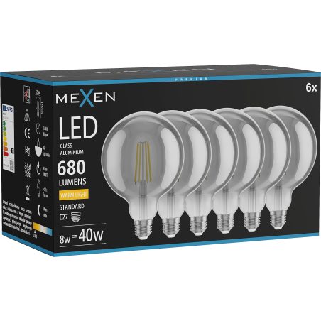 Mexen Vintis 6x LED žarnica filament E27, G125, 8W, Topla - 2700K, 680 lm, smoke - L158-E27-0827-70x06