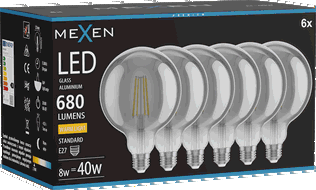 Mexen Vintis 6x LED filamenta spuldze E27, G125, 8W, Silta - 2700K, 680 lm, dūmu krāsa - L158-E27-0827-70x06