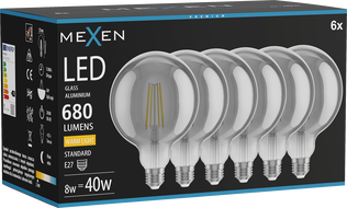 Mexen Vintis 6x LED žarulja s filamentom E27, G125, 8W, Topla - 2700K, 680 lm, zadimljena - L158-E27-0827-70x06