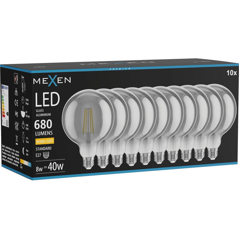 Mexen Vintis 10x lampadina a filamento LED E27, G125, 8W, Calda - 2700K, 680 lm, smoke - L158-E27-0827-70x10