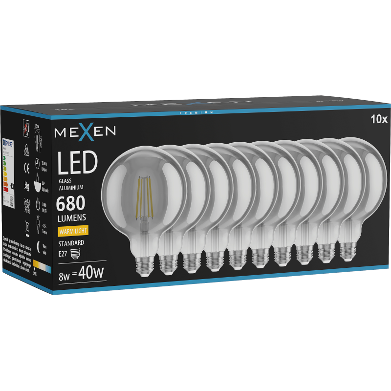 Mexen Vintis 10x LED kvēlspuldze ar E27, G125, 8W, Silta - 2700K, 680 lm, dūmakaina - L158-E27-0827-70x10