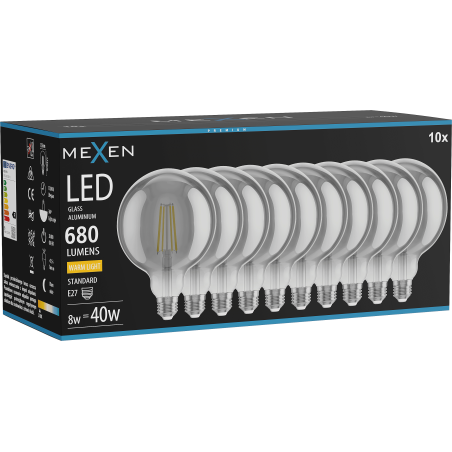 Mexen Vintis 10x LED-glödlampa filament E27, G125, 8W, Varm - 2700K, 680 lm, rök - L158-E27-0827-70x10