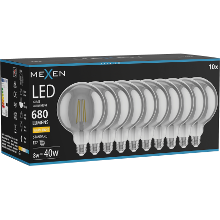 Mexen Vintis 10x LED kvēlspuldze ar E27, G125, 8W, Silta - 2700K, 680 lm, dūmakaina - L158-E27-0827-70x10
