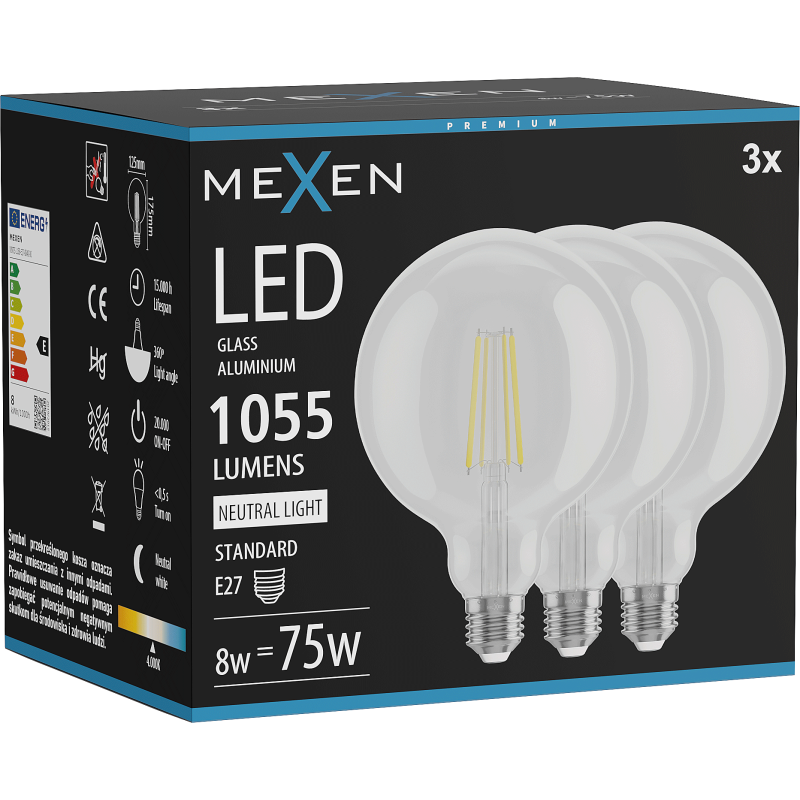 Mexen Vintis 3x LED filamentna žarnica E27, G125, 8W, Nevtralna - 4000K, 1055 lm, prozorna - L158-E27-0840-00x03