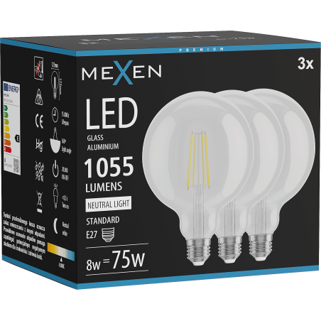 Mexen Vintis 3x Bombilla LED de filamento E27, G125, 8W, Neutra - 4000K, 1055 lm, transparente - L158-E27-0840-00x03