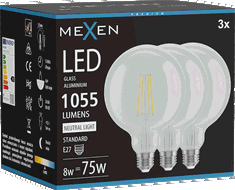 Mexen Vintis 3x Bombilla LED de filamento E27, G125, 8W, Neutra - 4000K, 1055 lm, transparente - L158-E27-0840-00x03