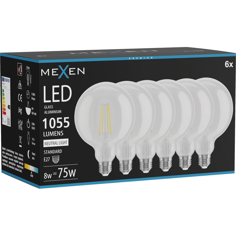 Mexen Vintis 6x Lampadina a filamento LED E27, G125, 8W, Neutro - 4000K, 1055 lm, trasparente - L158-E27-0840-00x06