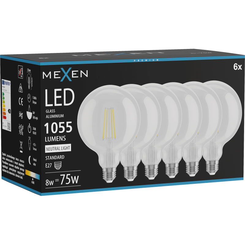 Mexen Vintis 6x LED filament žarnica E27, G125, 8W, Nevtralno - 4000K, 1055 lm, prozorna - L158-E27-0840-00x06