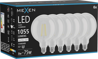 Mexen Vintis 6x Hõõgniit LED pirn E27, G125, 8W, Neutraalne - 4000K, 1055 lm, läbipaistev - L158-E27-0840-00x06