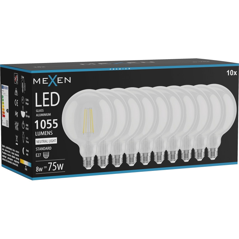 Mexen Vintis 10x LED filamentlampa E27, G125, 8W, Neutral - 4000K, 1055 lm, klar - L158-E27-0840-00x10
