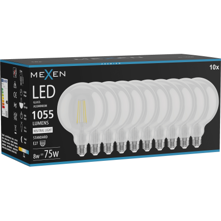 Mexen Vintis 10x LED filament žarnica E27, G125, 8W, Nevtralna - 4000K, 1055 lm, prozorna - L158-E27-0840-00x10