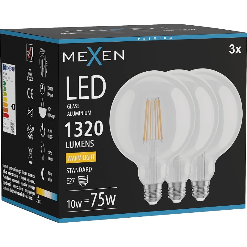 Mexen Vintis 3x LED-Filamentlampe E27, G125, 10W, Warm - 2700K, 1320 lm, klar - L158-E27-1027-00x03