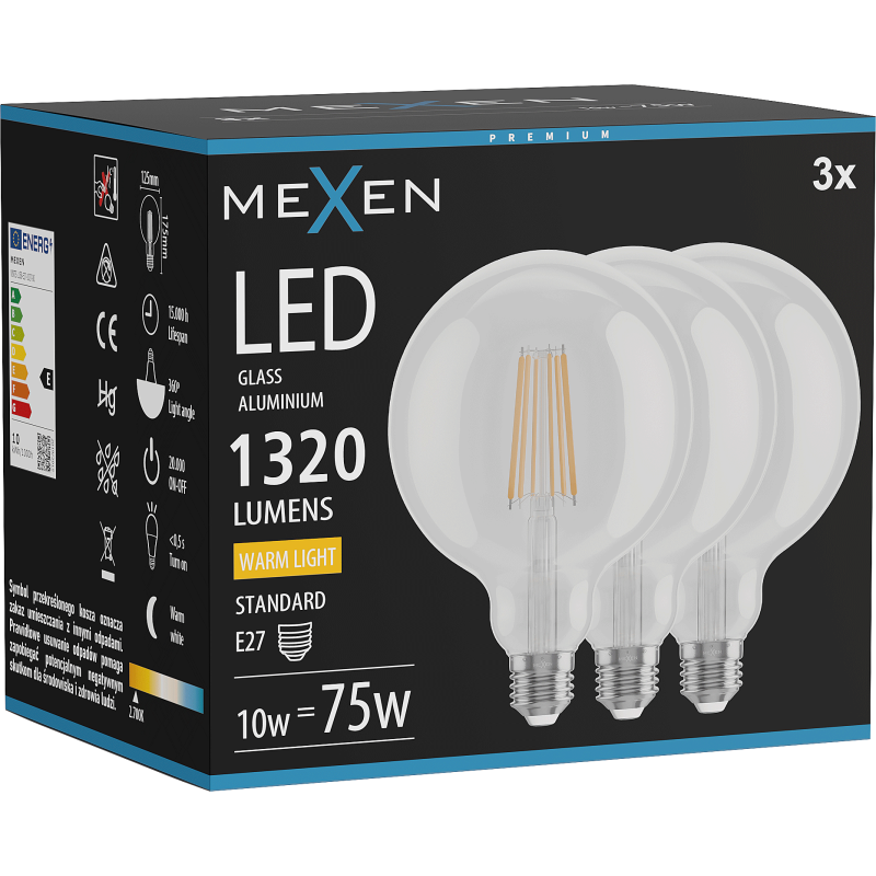Mexen Vintis 3x LED filamentna žarnica E27, G125, 10W, Topla - 2700K, 1320 lm, prozorna - L158-E27-1027-00x03