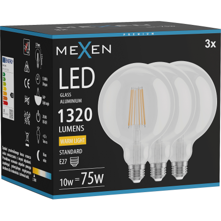 Mexen Vintis 3x Lampadina a filamento LED E27, G125, 10W, Calda - 2700K, 1320 lm, trasparente - L158-E27-1027-00x03