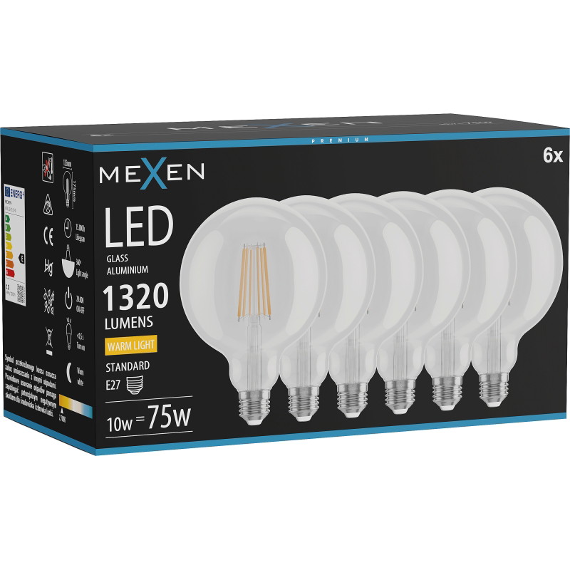 Mexen Vintis 6x Bombilla LED de filamento E27, G125, 10W, Cálida - 2700K, 1320 lm, transparente - L158-E27-1027-00x06