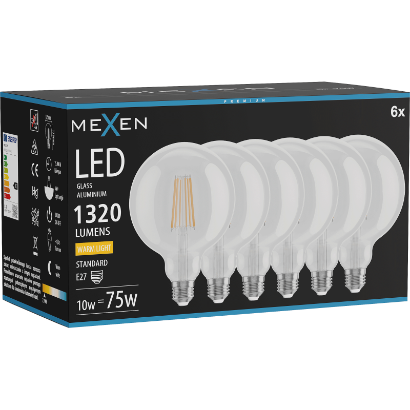 Mexen Vintis 6x Λάμπα LED Filament E27, G125, 10W, Θερμό - 2700K, 1320 lm, διαυγής - L158-E27-1027-00x06