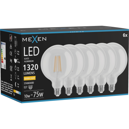 Mexen Vintis 6x LED E27 kvēlspuldze, G125, 10W, Silta - 2700K, 1320 lm, caurspīdīga - L158-E27-1027-00x06