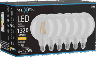 Mexen Vintis 6x LED E27 kvēlspuldze, G125, 10W, Silta - 2700K, 1320 lm, caurspīdīga - L158-E27-1027-00x06