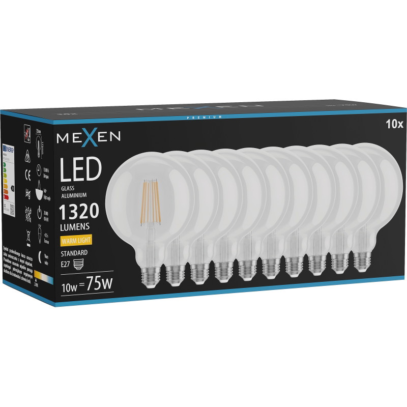 Mexen Vintis 10x LED filamentlamp E27, G125, 10W, Warm - 2700K, 1320 lm, helder - L158-E27-1027-00x10