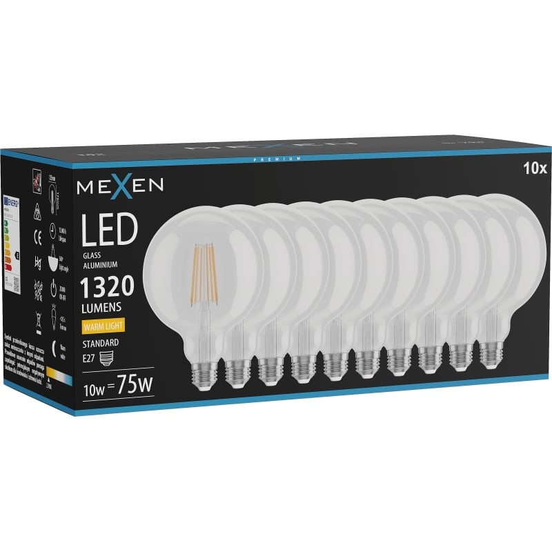 Mexen Vintis 10x LED filamentlampa E27, G125, 10W, Varm - 2700K, 1320 lm, klar - L158-E27-1027-00x10