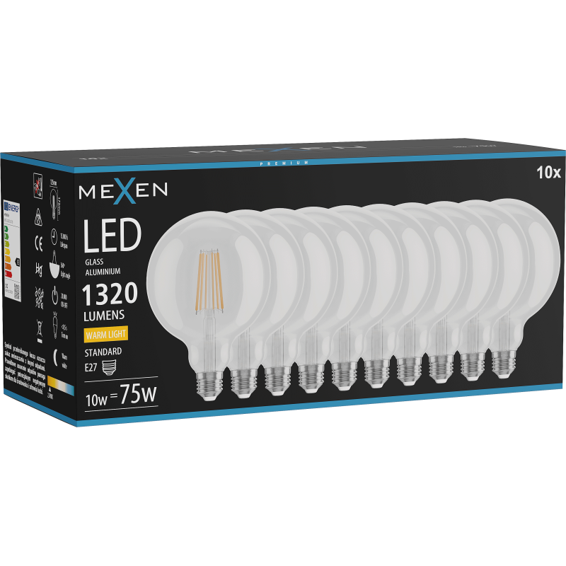 Mexen Vintis 10x LED kvēlspuldze E27, G125, 10W, Silta - 2700K, 1320 lm, caurspīdīga - L158-E27-1027-00x10