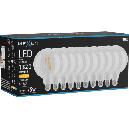 Mexen Vintis 10x LED filamentska žarnica E27, G125, 10W, Topla - 2700K, 1320 lm, prozorna - L158-E27-1027-00x10