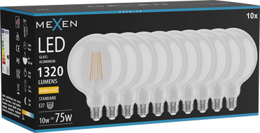 Mexen Vintis 10x LED filament žarulja E27, G125, 10W, Topla - 2700K, 1320 lm, prozirna - L158-E27-1027-00x10