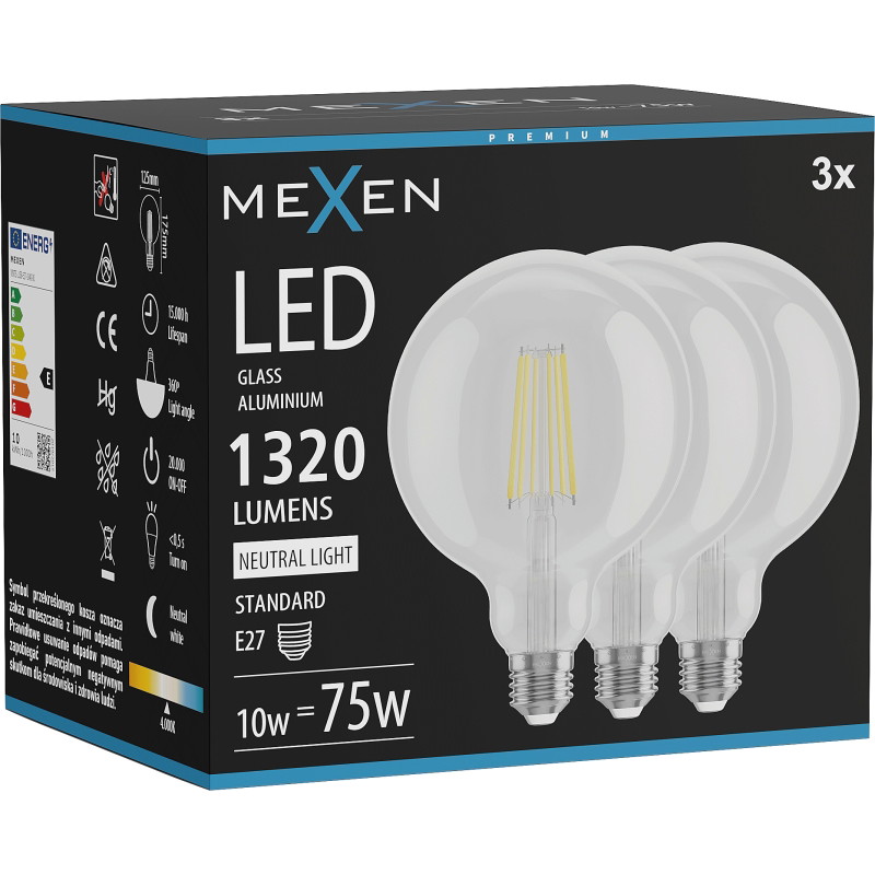 Mexen Vintis 3x Filament LED-lamp E27, G125, 10W, Neutraal - 4000K, 1320 lm, helder - L158-E27-1040-00x03