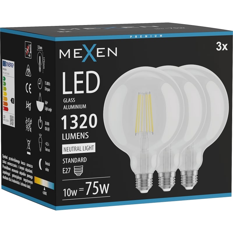 Mexen Vintis 3x Lampadina a filament LED E27, G125, 10W, Neutra - 4000K, 1320 lm, trasparente - L158-E27-1040-00x03